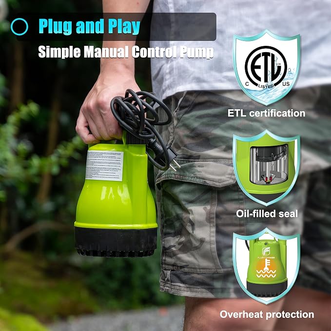 1/4HP Utility Pump 1900GPH Portable Submersible Sump Pump, Manual Control with 16.4 Ft Cord for Draining Water from Pool Pond Garden Hot Tub Basement Tankless Heater Liquids