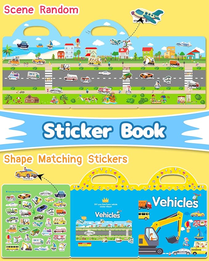 Benresive Reusable Sticker Book for Toddlers, Travel Stickers for Kids, Toddler Crafts Activities Toys, Birthday Gifts for Boys & Girls - Vehicle