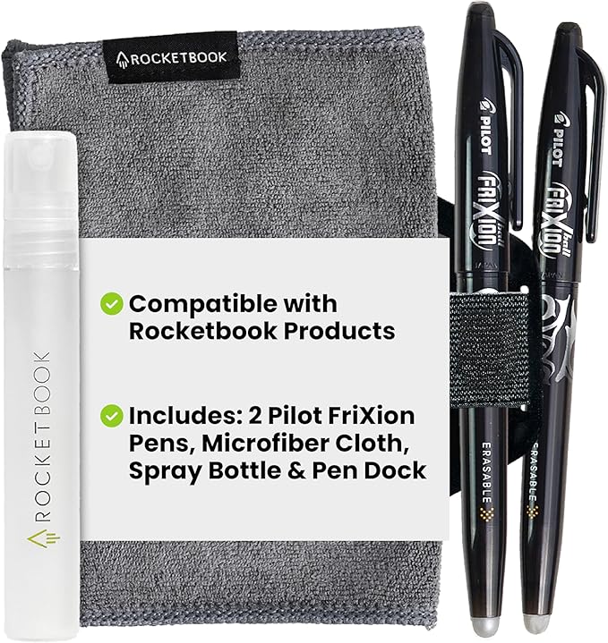 Rocketbook Accessory Kit – Complete Set with 2 FriXion Gel Pens, Spray Bottle, Microfiber Cloth & Pen Dock – Compatible with Rocketbook Notebooks & Planners for Effortless Organization Daily