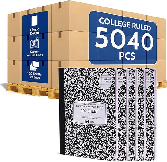 5040 Pack (Pallet) EPI College Ruled Composition Notebook Bulk, 200 pages (100 Sheets), 9-3/4 x 7-1/2, Black Marble, Bulk School Supplies, Heavy Duty, Durable Office Notebooks, Sturdy Sewn Binding