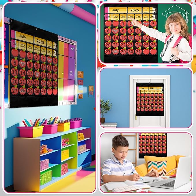 Weysat 128 Pcs Classroom Calendar Pocket Chart Set Calendar Bulletin Board with Pocket Bulletin Board Season Festival Weather Date Chart for Preschool Elementary School Teacher Supplies (Pencil)