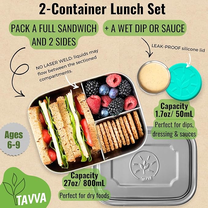 TAVVA Stainless Steel Lunch Box for Kids Ages 6-9 | 2-Piece Set | 27oz Metal Bento Box with 100% Steel Lids | 1.7oz Dip Cup with 100% Leakproof Silicole Lid | BPA-Free | Freezer & Dishwasher Safe