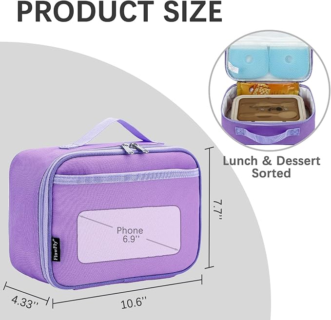 FlowFly Kids Lunch box Insulated Soft Bag Mini Cooler Back to School Thermal Meal Tote Kit for Girls, Boys, Purple