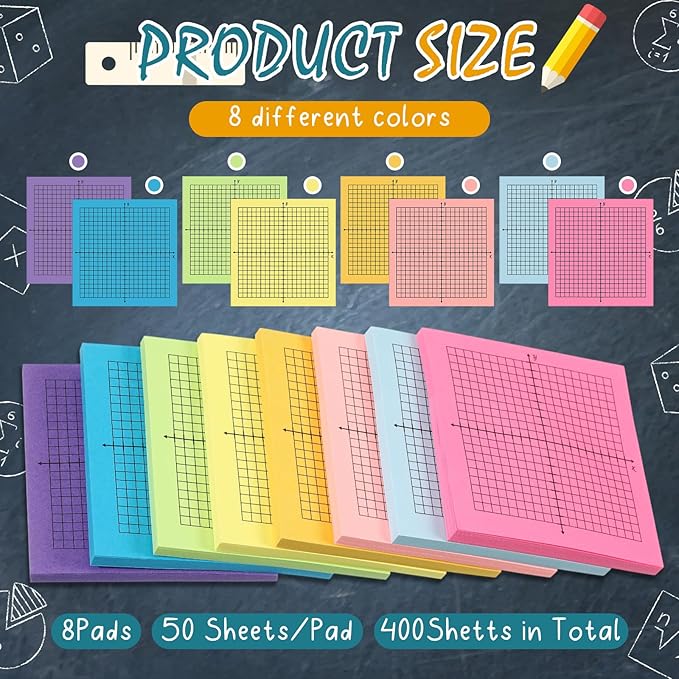 Sabary 8 Packs Graph Paper Sticky Notes 400 Sheets 3 x 3 Inch Lined Mini Graph Pads 20 x 20 Four Quadrant Adhesive Grid Sticky Notes for Office School Math Supplies(1 Style,Colorful)