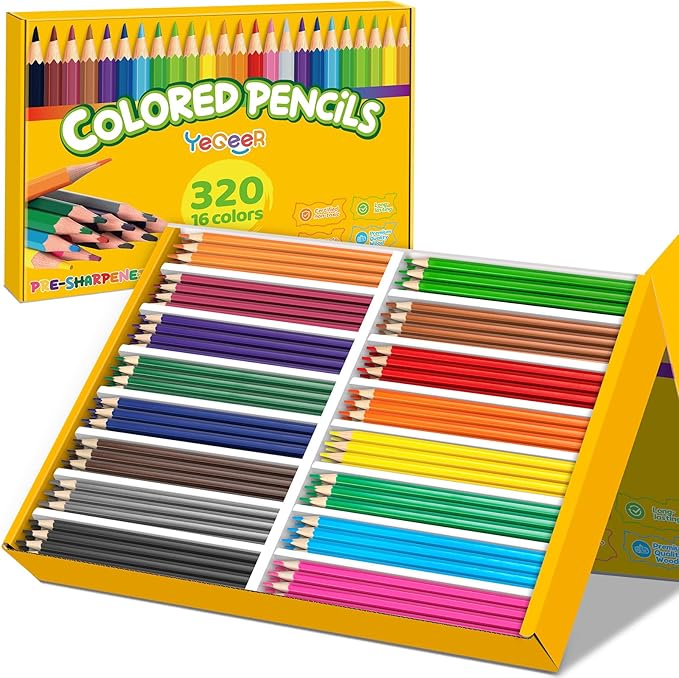YEGEER 320 Count Colored Pencils Bulk, 16 Assorted Colors, Pre-sharpened Coloring Pencils Set for Kids and Adult, Teachers Essential Classroom Prizes, Back to School Supplies
