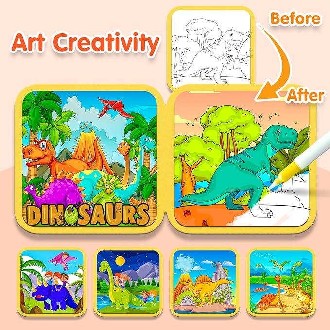 ZHOC Reusable Water Painting Books for Kids – Magic Water Reveal Coloring Books with Water Pens (Dinosaurs) No-Mess Coloring Book Fun Travel Activity for Ages 3 4 5 6 7 8