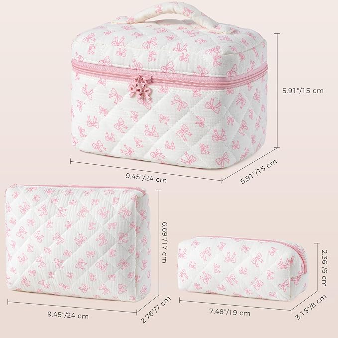 HBselect Quilted Makeup Bag, 3Pcs Cotton Large Travel Makeup Bags Organizer | Cute Floral Make up Bag Cosmetic Bag Toiletry Bag for Women Girls, Makeup Pouch for Skincare, Brushes & Travel Essentials