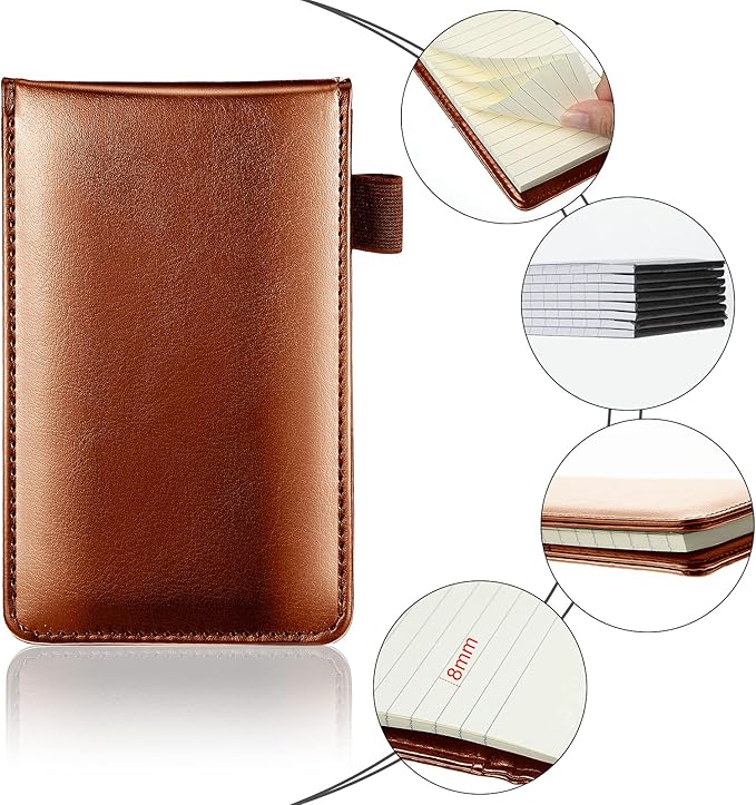 Outus 10 Pcs Mini Pocket Notepad Holder Set Included Small Leather Pocket Notebook Holder with 50 Lined Sheets, Metal Pen, 8 Pcs 3 x 5 Inch Memo Book Refills, 30 Lined Paper Per Note Pad (Brown)