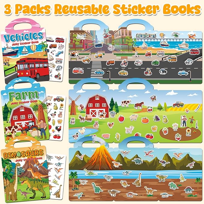 3 Sets Reusable Sticker Book for Kids, Jelly Sticker Books for Toddlers 2-4 Years, Airplane Train Car Travel Essentials Toys for Kids