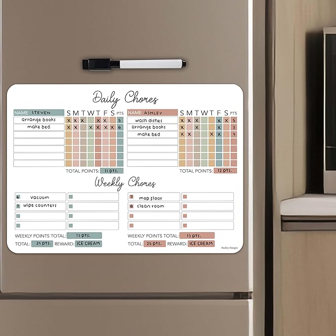 Hadley Designs Magnetic Chore Chart for Kids Multiple - Chores Board for Refrigerator, Dry Erase Task Chart for 2 Kids Daily Behavior, Family Weekly Planner Teens and Adults, Boho Pastel Chore Board