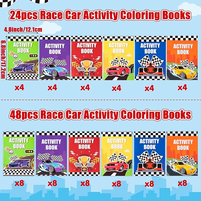 JAPBOR Race Car Coloring Books - 24PCS Mini Racing Cars Activity Color Books Bulk for Kid Party Favors, Truck Transportation Themed Small Colouring Pages for Birthday Gifts Class Drawing Painting Game