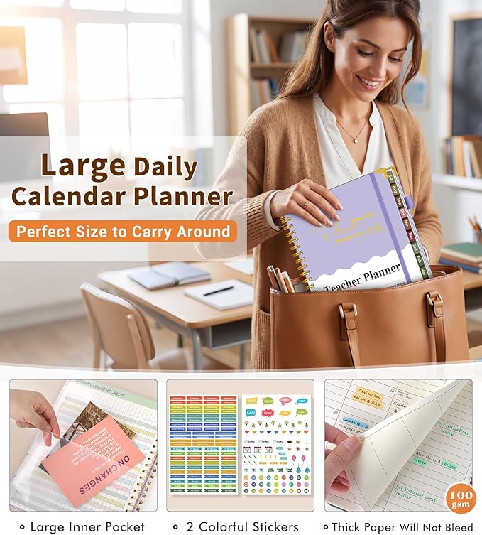 Teacher Planner 2026-2027, July 2026 - June 2027, Academic Weekly & Monthly Calendar Planner with Tabs, 8.5" x 11" A4 Teacher Lesson Plan Book with 7 Periods, Daily Agenda School Organizer for Teacher Student Homeschool Purple