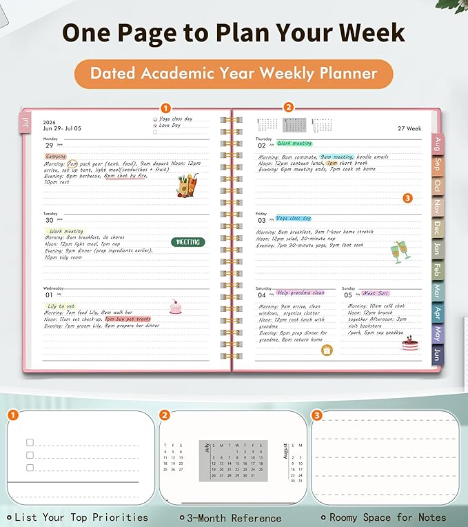 Academic Planner 2026-2027, Weekly and Monthly Calendar Planner from July 2026 - June 2027, 6.1" x 8.2" A5 Large Daily Agenda Book with Tabs, Flexible Cover, College School Organizer for Student Teacher,Pink