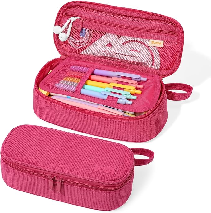 SUNEE Cute Pencil Case, Large Capacity Pencil Pouch, Soft Corduroy Pencil Bag, Big Storage Pen Organizer for Stationery, Aesthetic Pencil Box, Back to School Supplies for Teen Girls Boys, Berry Pink