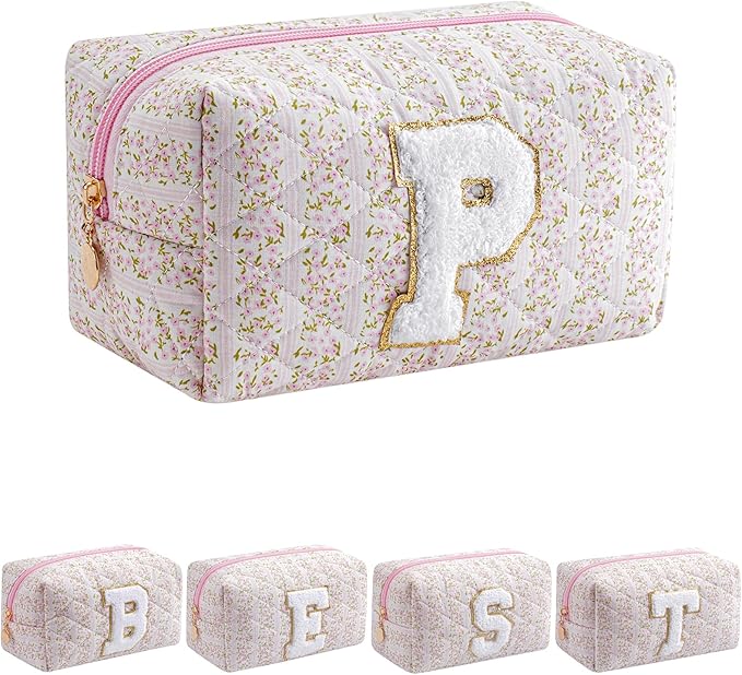 JOVAKIT Alphabet Makeup Bag Cosmetic Bag for Women, Christmas Gifts for Girls Age 6-18, Floral Flowers Coquette Travel Toiletry Zipper Make Up Pouch Organizer Trendy Stuff (Pink Floral P)