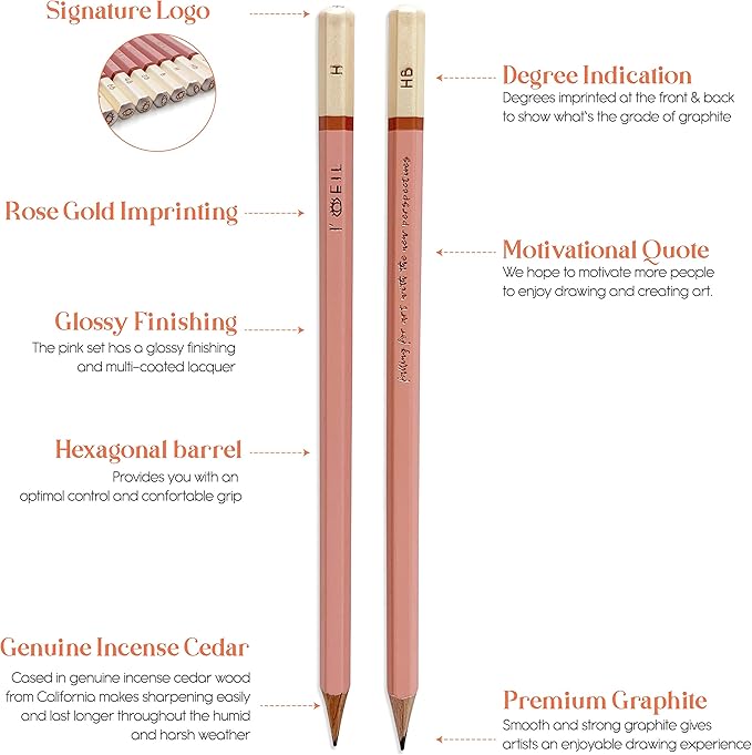 L'oeil Professional Soft Graphite Sketching Pencils Set of 12 (Selected 3H-10B) in Incense Cedar Wood for Pencil Drawing, Sketching, Shading for Beginners & Pros (Pink)