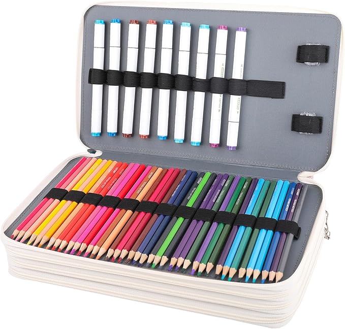 Vomgomfom 300 Slots Marker Bag, 4-Layer Zipper Portable Art Supply Organizer, PU Leather Large Capacity Marker Case Holds 100 Markers or 300 Colored Pencils with Handle (White)