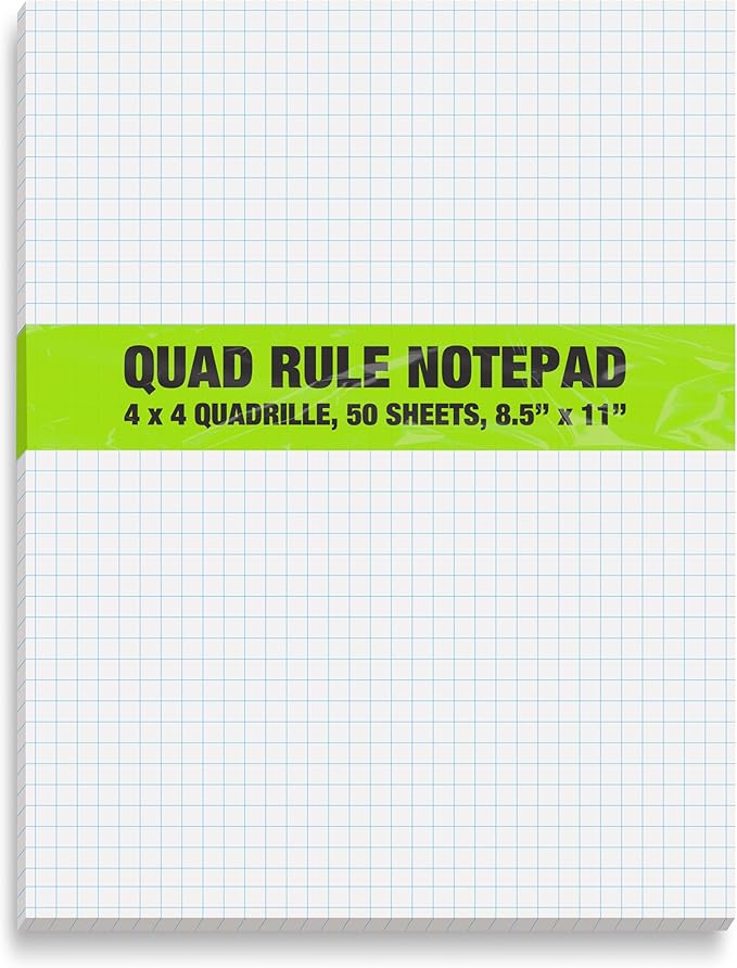 Better Office Products Graph Paper Pad, 8.5" x 11", 50 Sheets, Double Sided, White, 4x4 Blue Quad Rule, Easy Tear, Grid Paper, Graph Paper