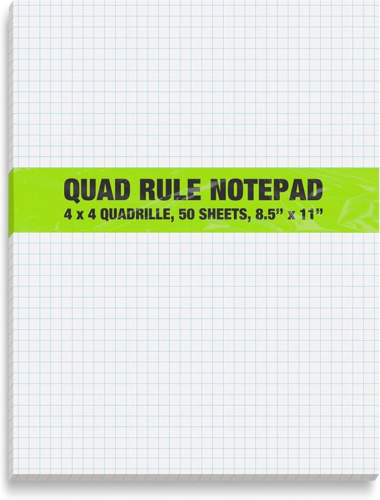 Better Office Products Graph Paper Pad, 8.5" x 11", 50 Sheets, Double Sided, White, 4x4 Blue Quad Rule, Easy Tear, Grid Paper, Graph Paper