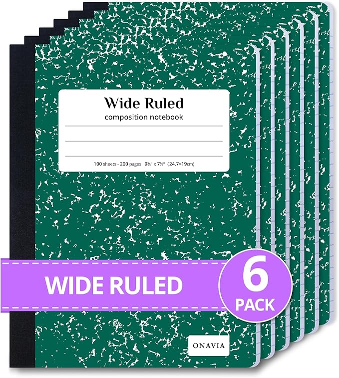 ONAVIA Composition Notebook Wide Ruled 6 Pack, 200 Pages (100 Sheets), 9-3/4 x 7-1/2, Marble Composition Books Bulk, Notebooks for School, Work, Office, Durable Comp Book, School Supplies, Green