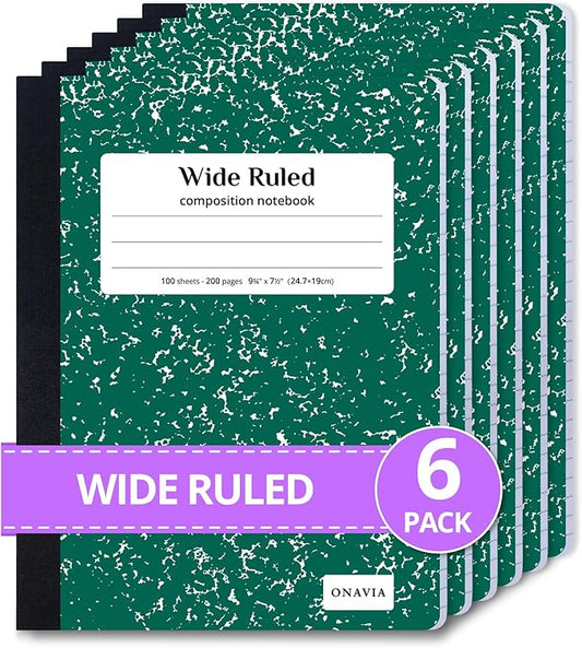 ONAVIA Composition Notebook Wide Ruled 6 Pack, 200 Pages (100 Sheets), 9-3/4 x 7-1/2, Marble Composition Books Bulk, Notebooks for School, Work, Office, Durable Comp Book, School Supplies, Green