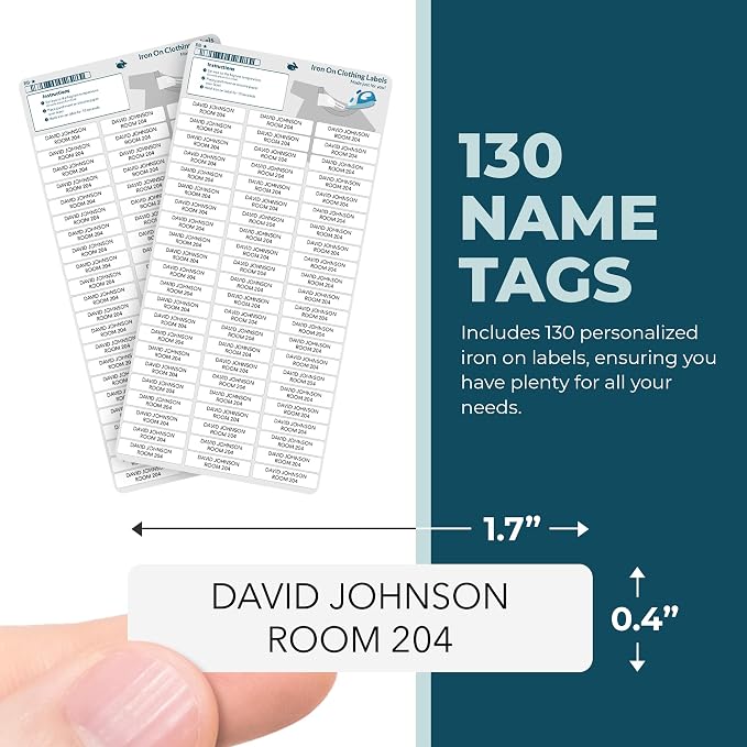 Personalized Iron On Name Labels (130 Labels) - Custom Washable Name Tags for Clothing - Iron On Clothing Labels for Nursing Home or Daycare