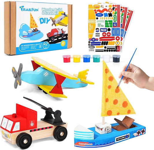 Wooden Build Paint Art Crafts Kit 3 Pack, Make Your Own Car Boat & Plane DIY Craft Toys for Kids Boys, STEM Educational Toy Set for Kids Ages 4-8, 8-12