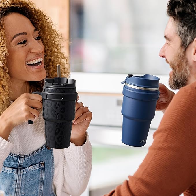 20 oz Insulated Coffee Mug Tumbler with Handle, Stainless Steel Travel Mug Tumbler with Lid and Straw,Double Wall Vacuum Leak Proof Ice Coffee Thermal Cup, Dark Rainbow/Indigo Black