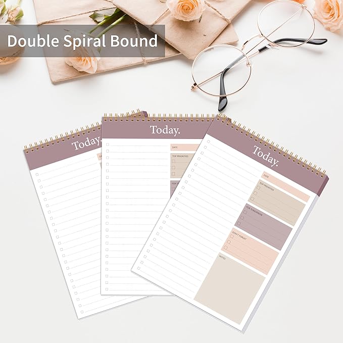 KMQOY To Do List Notepad - 3 Pack Daily Planner Pad Undated 52 Sheets Spiral Today Planner Note Pad Premium Thick Paper 6.5" x 9.8" For Work and Personal Organized(Brown)