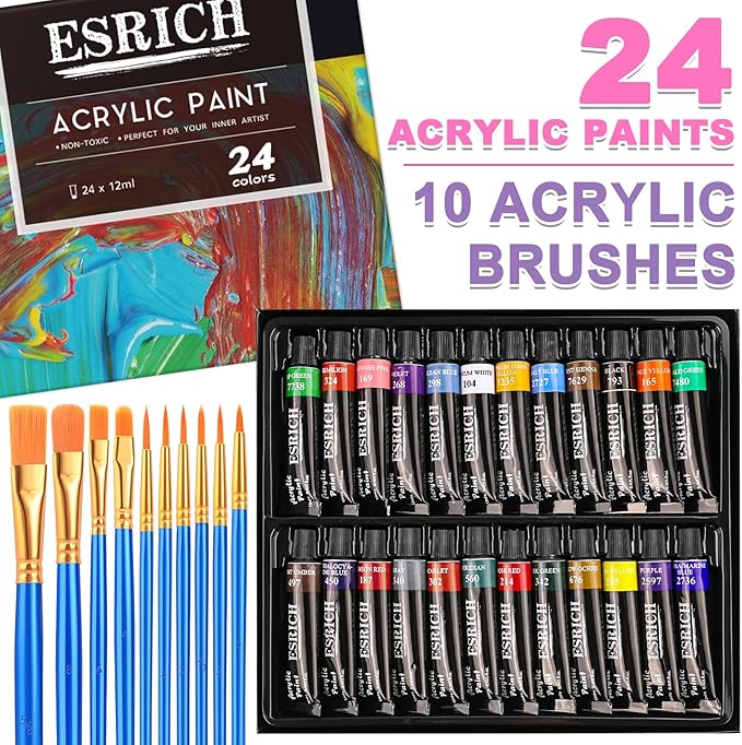 ESRICH 78PCS Acrylic Paint Set with Wood Easel, Paint Brushes, Canvases, Art Painting Supplies Kit for Kids, Students, Artists and Beginners