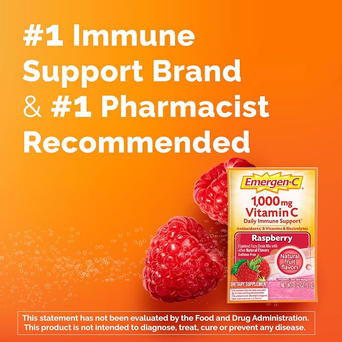 Emergen-C 1000mg Vitamin C Immune Support Powder Raspberry 30CT Includes Zinc, Manganese, 7 B Vitamins and Electrolytes for Back to School Essentials (Pack of 12)