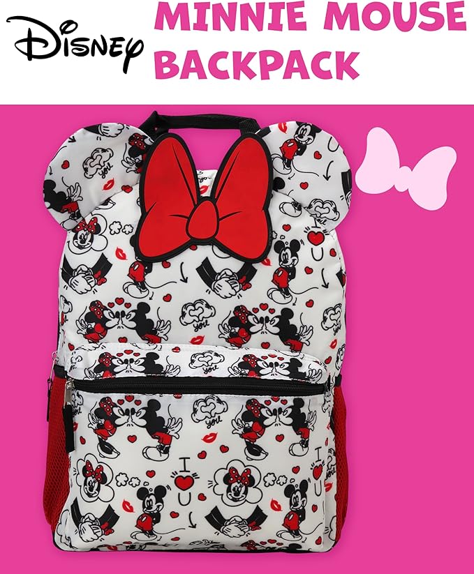 Fast Forward Minnie Mouse Kids Backpack - 16 Inch Bookbag Elementary Backpack for School Girls & Boys with Adjustable Padded Straps, Minnie Bow White