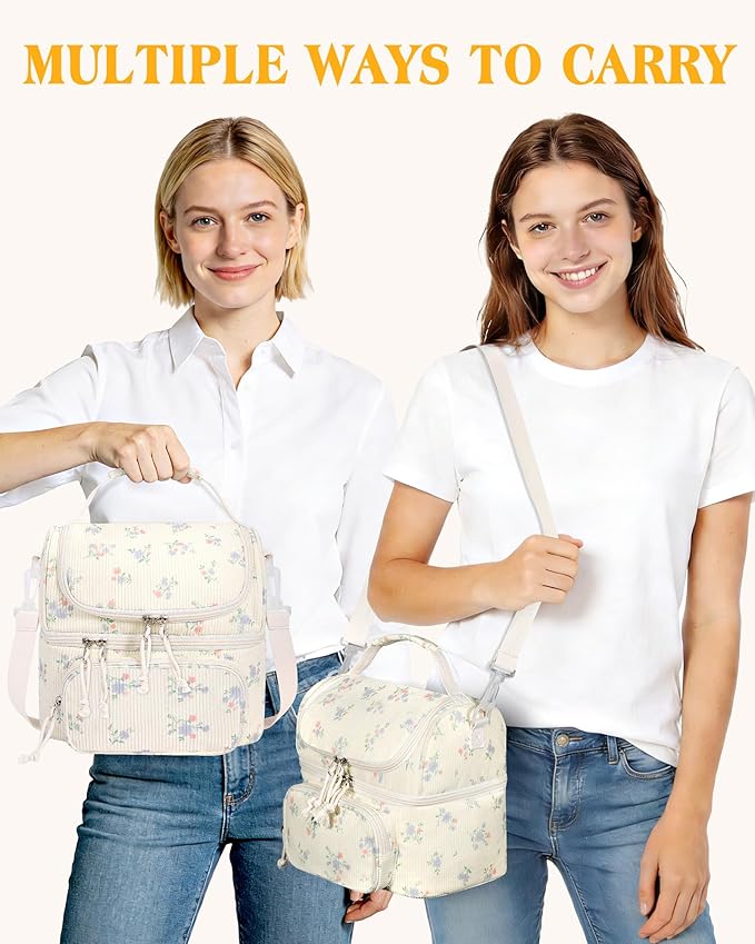 HowFly Lunch Bag for Women Insulated Lunch Boxes Corduroy Resuable Double Deck Lunch Box for Girls Teens Kigs Boys Portable Thermal Cooler Bags for School Work, Purple Floral