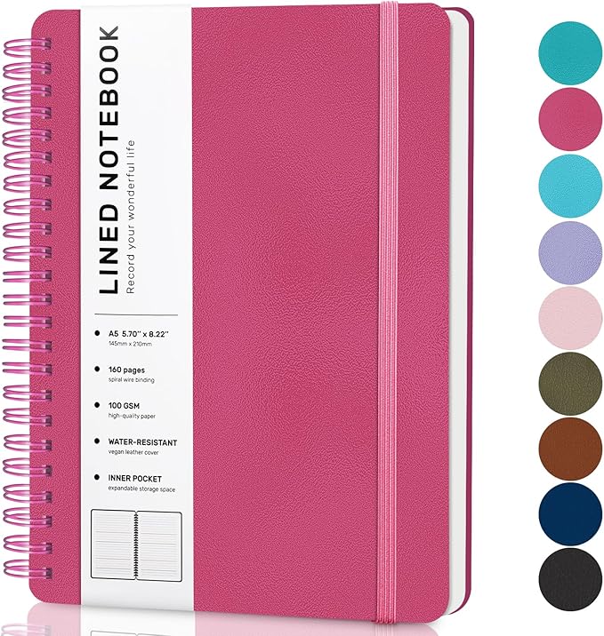 Lined Spiral Journal Notebook with 160 Pages, 8×5.7in, A5 Spiral Notebook, Journaling Notebooks for Work, School, Women, Men, College Ruled Spiral Notebook, Hardcover Leather Journals, Deeppink