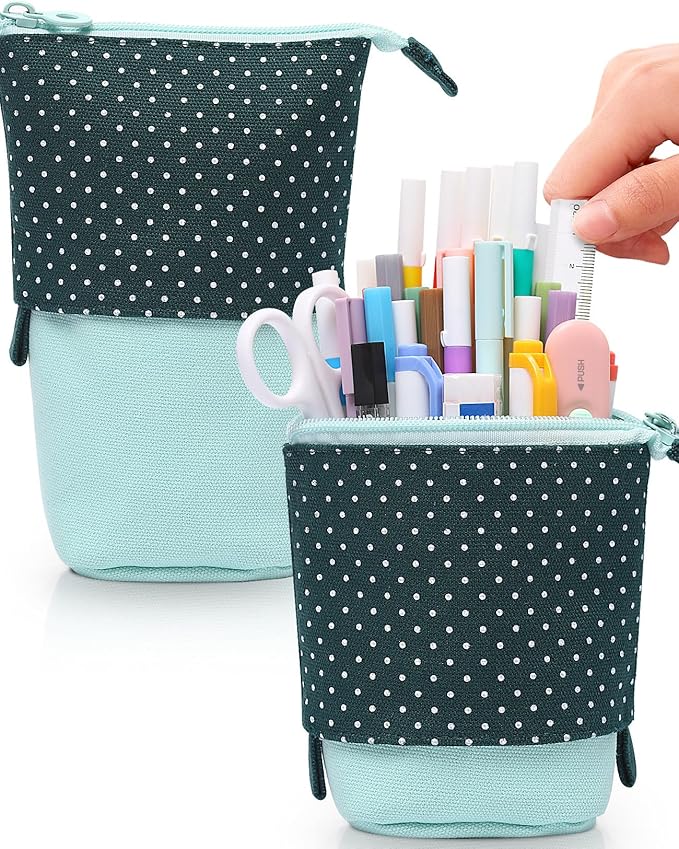 Sooez Standing Pencil Case, Cute Stand up Pencil Pouch, Telescopic Pen Pouch, Portable Pencil Holder, Kawaii Stand up Pencil Case, Spacious Pencil Pouch Bag for School Office Supplies, Green