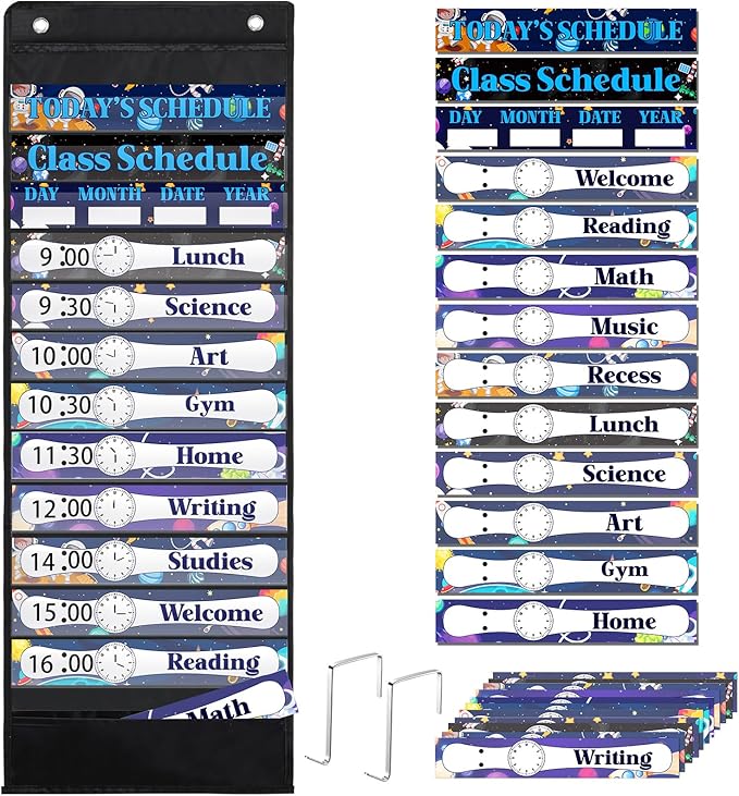 Daily Schedule Pocket Chart For Classroom Decor With 13+1 Pockets And 42 Designed Schedule Cards, Teacher Supplies For Preschool Classroom Home Office Back To School Decorations(Starry sky)