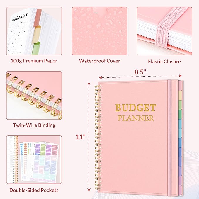 SUNEE Budget Planner - Monthly Budget Book with Expense Tracker Notebook, A4(8.5" x 11") Undated 12 Month Bill Organizer & Finance Planner to Manage Your Money, Account Book with Colorful Tab, Pink