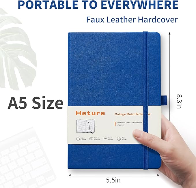 Heture Hardcover Notebooks, A5 Lined Journals Notebook for Writing 160 Pages, 8.2 x 5.5 inch, Classic Ruled Notebooks for College/Work/Travel (Lined-3 Pack, Blue)