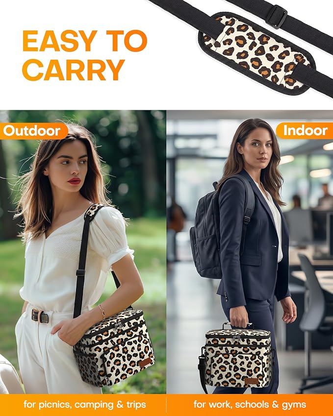 HOTOR Insulated Lunch Box Men Women Leak-Proof Cooler Lunch Bag 9L | 4 Pockets, Adjustable Strap, Ideal for Work, Picnic, Travel, Camping, Gift, Brown Leopard