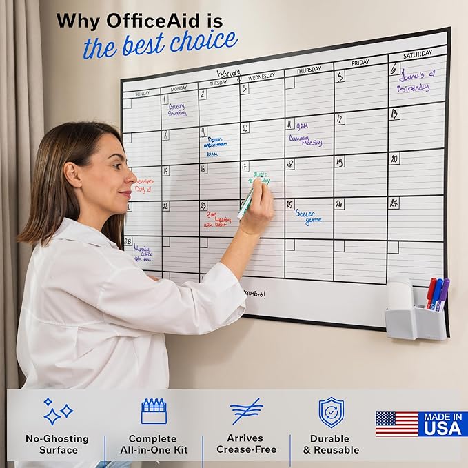 Large Dry Erase Calendar for Wall 24x36, Giant Family Office Big Reusable, Monthly Planner Erasable Month, Rolled Whiteboard White Board, 36x24 Calendar Dry Erase for Undated Wall Large Classroom