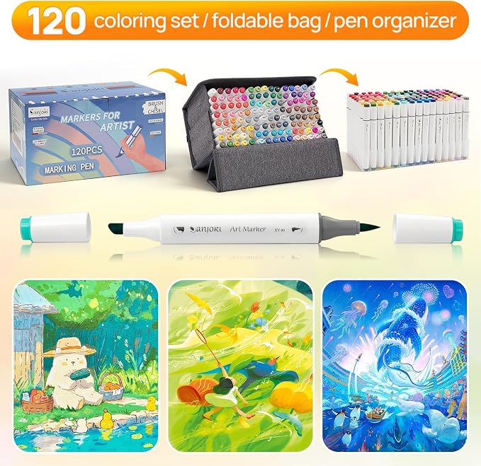 Alcohol Markers Set, 120 Colors Dual Brush Tip Art Markers for Drawing, Professional Alcohol Based Markers for Artists Beginners Adults, Blendable Markers for Coloring Illustration Sketching