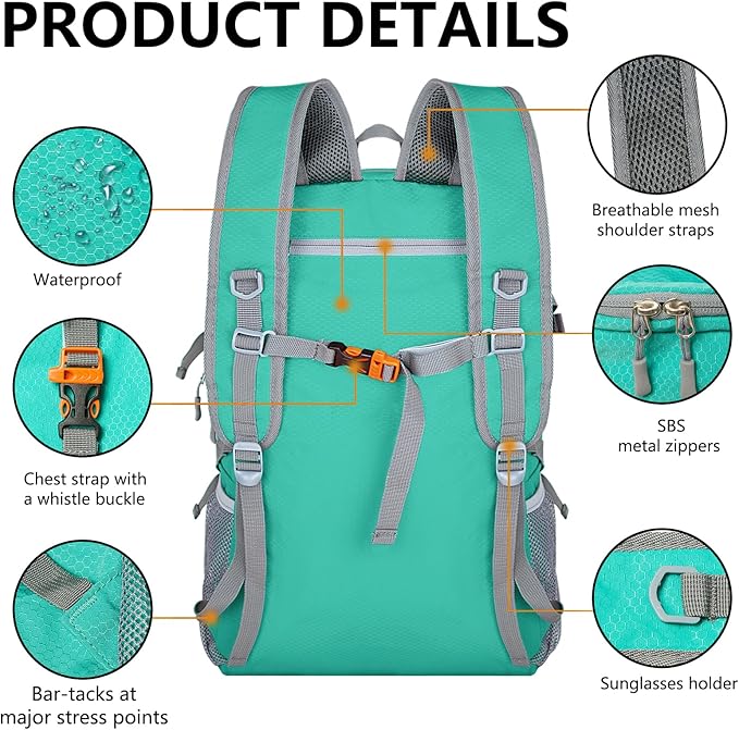 Goloni Ultra Lightweight Packable Backpack 40L - Foldable Hiking Backpack Water Resistant Small Foldable Daypack for Travel,Sky Blue
