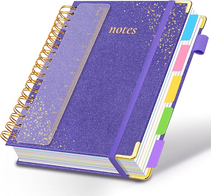 Hardcover Spiral Notebook with Removable Dividers & Tabs, 8.5"x11" 5 Subject Notebooks for Work, 300 Pages College Ruled Notebook, A4 Sparkle Lined Journal for Women Girls Note-Taking (Purple)