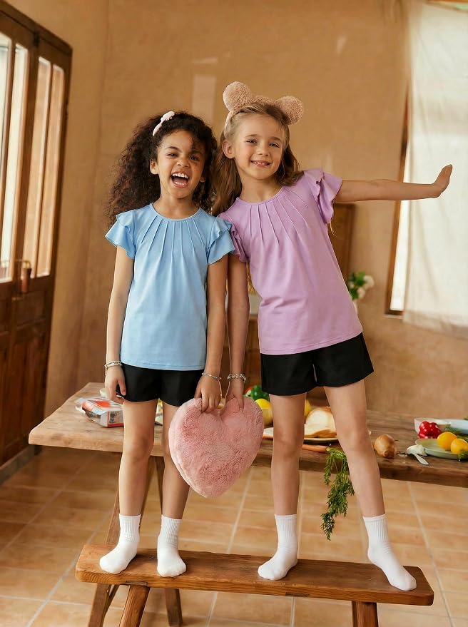 Arshiner Girls 2 Piece Outfits Summer Ruffle Sleeve Top and Paperbag Waist Shorts Set with Pockets Size 5-13 Years