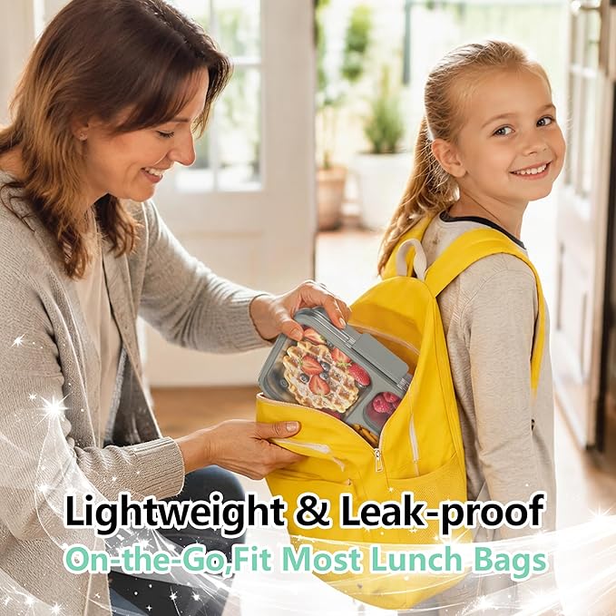 HOMEKOL Stainless Steel Bento Lunch Box, 3-Compartment Leak-Proof Metal Lunch Container for Kids & Adults, BPA-Free, Dishwasher Safe, Clear Tritan Lid, 4.2Cups/1000ml Grey (Not Insulated)