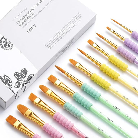 Artify Paint Brushes for Kids, 12-Sizes Paint Brush Set for Kid's Arts and Crafts, Ergonomic Donuts Handle | Macaron Colors Kids Paint Brushes, for Acrylic, Oil, Watercolor, Gouache, Paint by Numbers