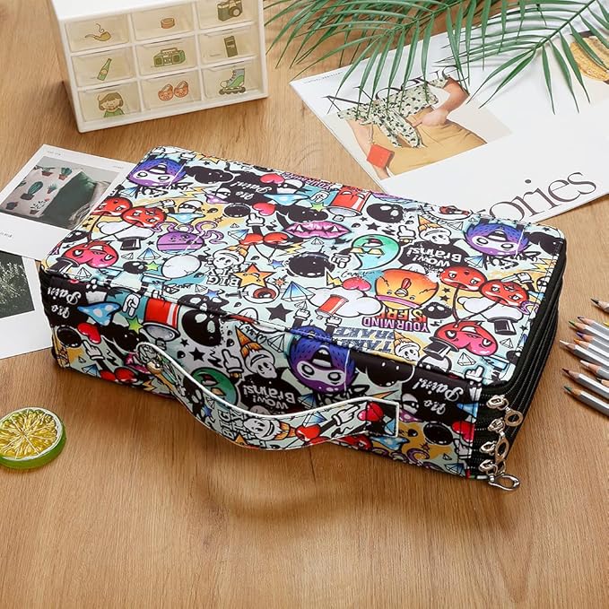 Portable Colored case Organizer 103 Larger individual slots hold 300 pcs Pencils with Printing Pattern for Watercolor Pens or Markers, Pencil Case Organizer for Artist