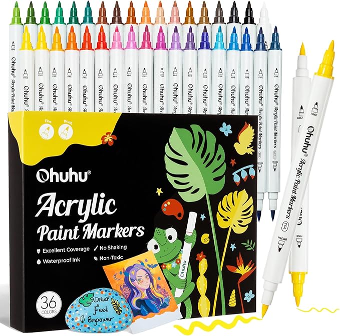 Ohuhu Acrylic Paint Markers Dual Tips: 36 Colors Brush & Fine Paint Pens High Opacity Acrylic Markers Water-Resistant Lightfast for Rock Painting 3D Prints Egg Wood Glass Ceramic DIY Crafts - Akaka