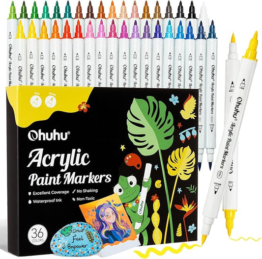 Ohuhu Acrylic Paint Markers Dual Tips: 36 Colors Brush & Fine Paint Pens High Opacity Acrylic Markers Water-Resistant Lightfast for Rock Painting 3D Prints Egg Wood Glass Ceramic DIY Crafts - Akaka