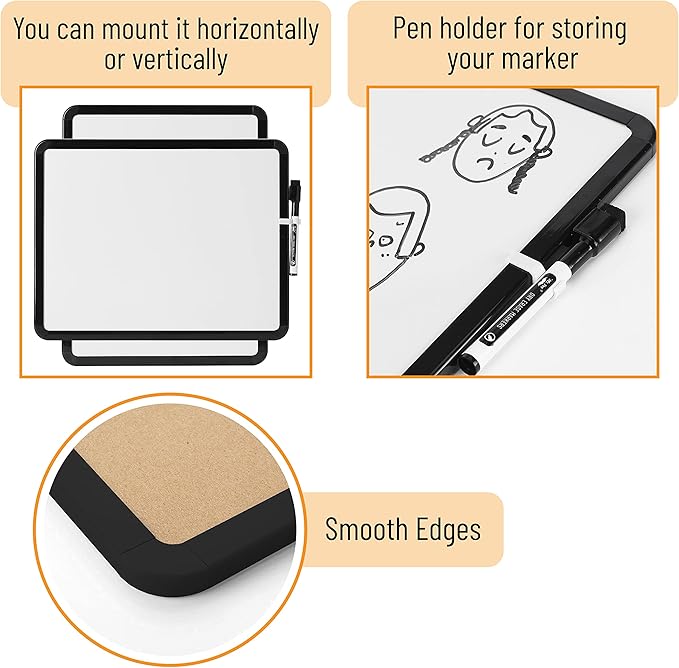 Mr. Pen- Dry Erase Board, 14” x 11” with a Black Dry Erase Marker, Black Frame, Small Mini White Board for Students, Fridge, Wall, Locker, Includes Double Sided Tapes